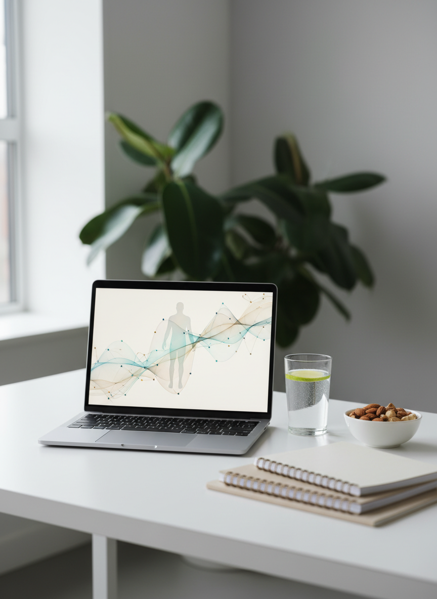 A sleek, modern workspace dedicated to holistic health analysis: a minimalist white desk holding a slim laptop displaying a clean, abstract visualization of body energy fields as soft, glowing lines and nodes in cool blues and warm golds. Next to it, a glass of clear water with a slice of lime, a small bowl of mixed nuts, and a neatly stacked set of neutral-toned notebooks. Behind, a large, unfocused indoor plant adds organic texture. Soft, overcast daylight from the side bathes the scene, creating gentle, even illumination without harsh contrasts. Photographic realism, shot from a slightly elevated angle using the rule of thirds, conveys clarity, precision, and a calm, professional mood suited for a nutrition and quantum consulting services page.