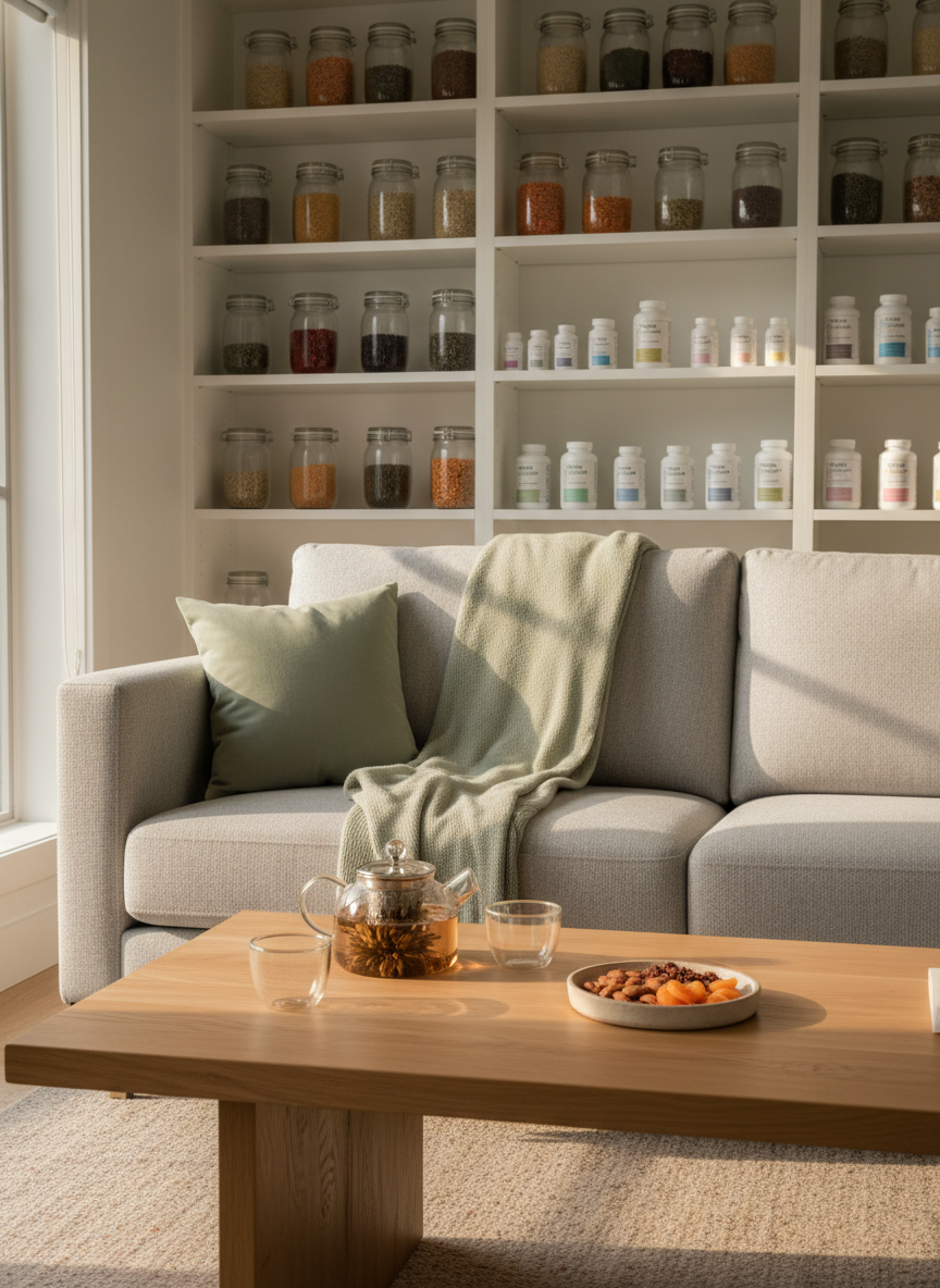 A tranquil consultation setting represented without people: a tidy, light-grey sofa with a neatly placed sage-green throw blanket and a matching cushion, facing a low, natural oak coffee table. On the table rests a glass teapot with blooming herbal tea, two empty glass cups, and a small ceramic dish of almonds and dried apricots. In the background, white shelves hold organized glass jars filled with colorful whole foods and labeled supplements. Soft golden-hour light streams in from the left, casting warm glows and delicate shadows, enhancing textures. Photographic realism, eye-level framing with balanced composition emphasizes openness and trust, creating a serene, inviting atmosphere appropriate for holistic nutritional and quantum guidance sessions.