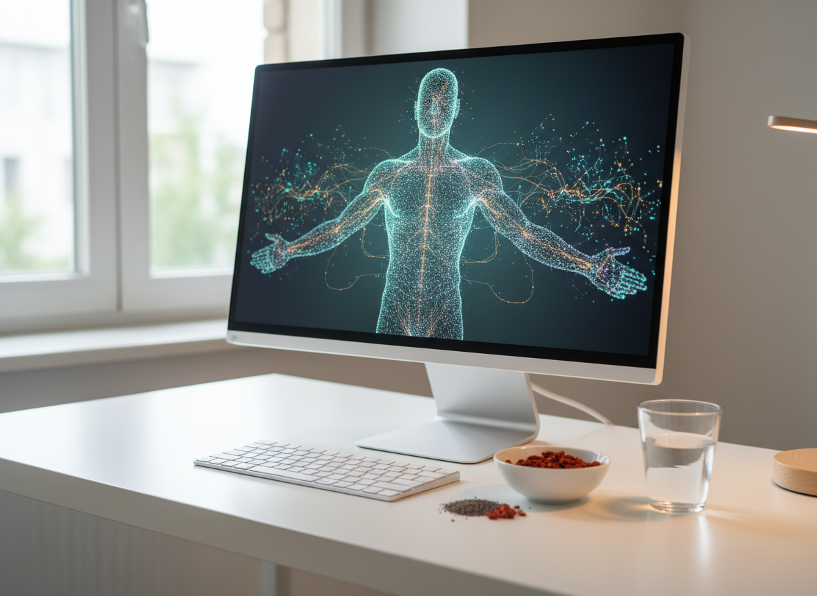 A close-up, highly detailed visualization of quantum health analysis displayed on a large, frameless monitor set on a clean white desk. The screen shows a sophisticated, abstract 3D model of the human body formed by luminous points and fine, interconnected lines in turquoise, gold, and soft violet, suggesting energy pathways and vibrational states. The desk holds a single clear glass of water, a minimal wireless keyboard, and a small white ceramic bowl containing chia seeds and goji berries. Cool, diffused daylight from a nearby window blends with a subtle, warm desk lamp glow, creating a balanced, focused ambiance. Photographic realism, shot from a three-quarter angle with sharp focus, reinforces a scientific yet holistic, professional mood for advanced quantum nutritional assessments.
