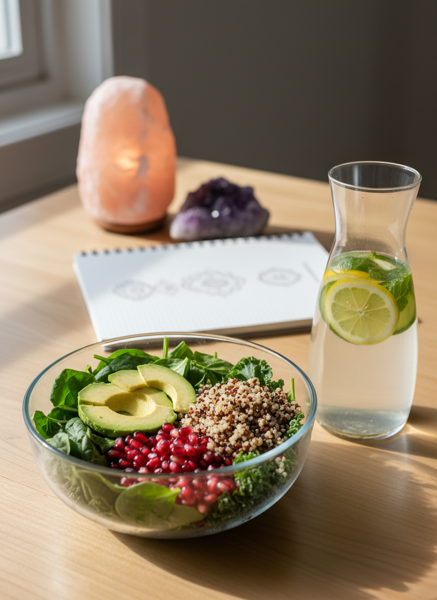 A meticulously arranged still life of holistic nutrition on a smooth light-wood table: a clear glass bowl filled with vibrant leafy greens, sliced avocado, pomegranate seeds, and quinoa beside a tall, transparent carafe of infused water with floating lemon, cucumber, and mint. In the background, a softly glowing Himalayan salt lamp and a small amethyst crystal rest near an open notebook with neat, minimal diagrams of the human body’s energy centers. Gentle morning daylight filters through an unseen window, creating diffused, natural highlights and soft shadows. Photographic realism, eye-level composition with shallow depth of field keeps the foreground crisp and the background subtly blurred, evoking a calm, professional, and trustworthy atmosphere ideal for a holistic health consulting homepage.