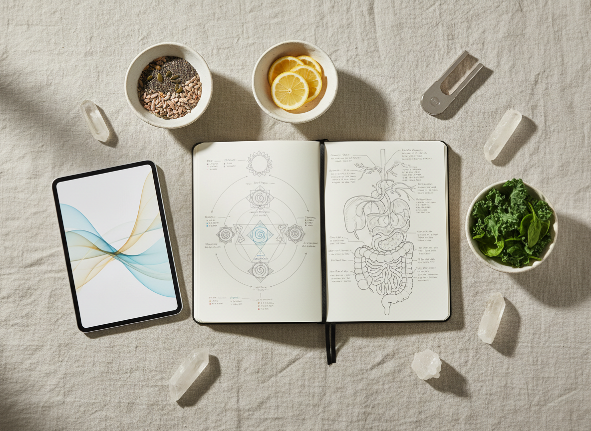 An overhead, flat-lay composition on a natural linen backdrop, featuring tools of holistic nutrition and quantum wellness. At the center lies a large, open, cream-colored notebook with tidy, diagram-like sketches of chakras and organ systems, surrounded by small ceramic bowls containing seeds, leafy greens, and sliced citrus. A sleek digital tablet displays a soft, abstract energy-frequency graph in blues and golds. Clear quartz points and a small, round, brushed-metal tuning fork rest delicately around the edges. Soft, indirect daylight from one side produces subtle shadows and gentle gradients across the fabric. Photographic realism with sharp focus throughout, creating a clean, modern, and organized atmosphere perfect for blog posts about integrating nutrition with energy-based approaches.