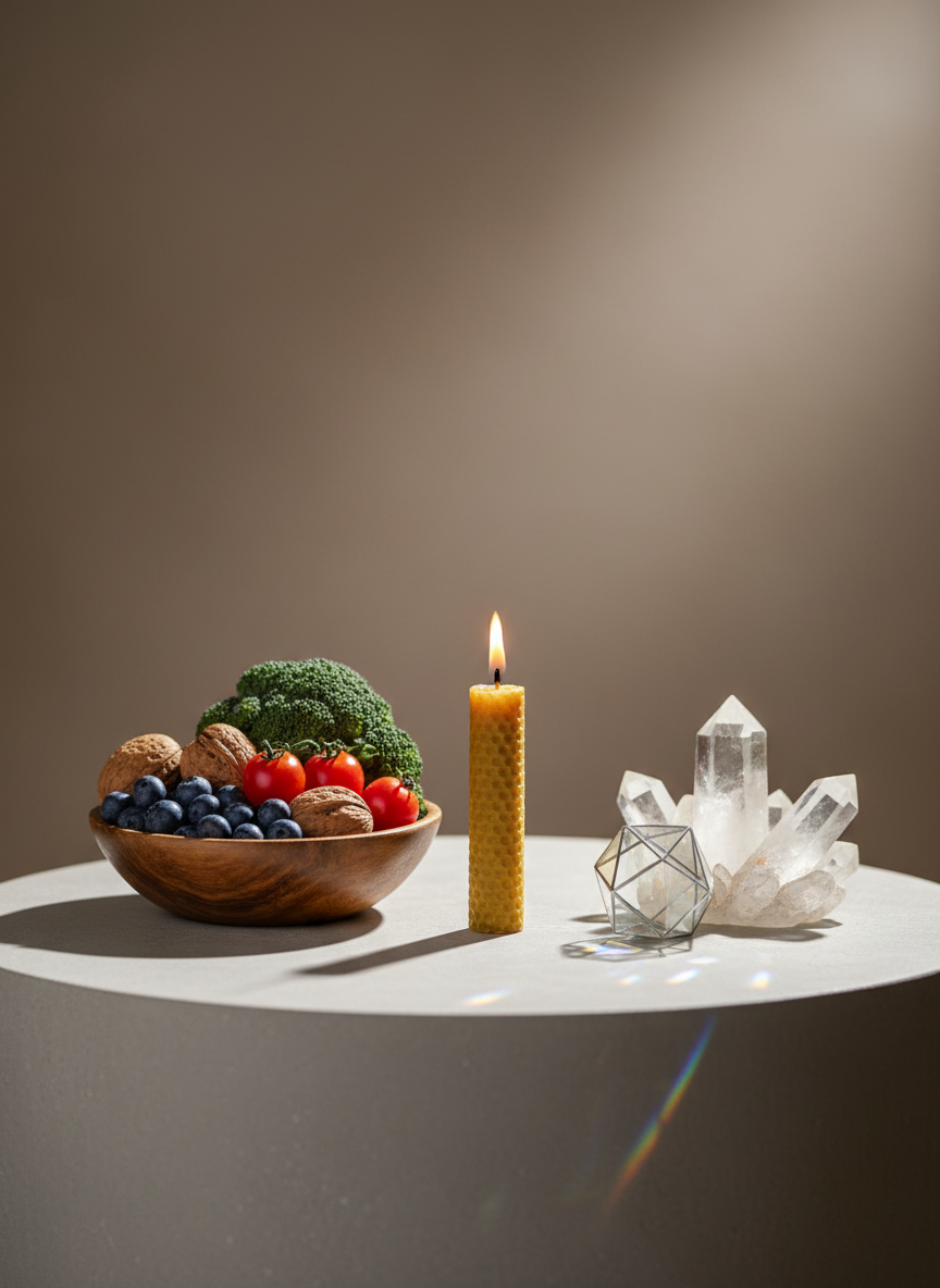 A symbolic representation of body–mind balance: a polished, pale stone surface holds a carefully balanced arrangement of objects. On one side, a wooden bowl filled with fresh fruits and vegetables—blueberries, broccoli, cherry tomatoes, and walnuts—radiates natural color and texture. On the opposite side, a cluster of smooth crystals and a geometric glass prism refract subtle rainbow light. Between them, a thin, lit beeswax candle stands upright, its flame steady and small. Soft studio lighting from above and slightly behind creates gentle highlights and long, delicate shadows, enhancing the sense of harmony. Photographic realism, centered composition with shallow depth of field, produces a meditative, professional image ideal for illustrating holistic equilibrium between physical nutrition and subtle energy fields.