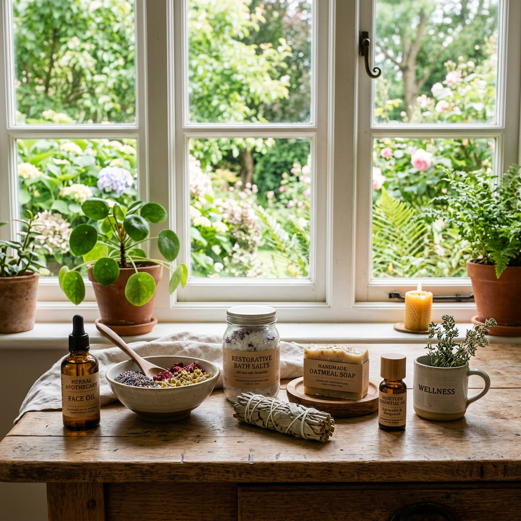Wellness products including face oil, bath salts, soap, essential oil, and plants on wooden table by window